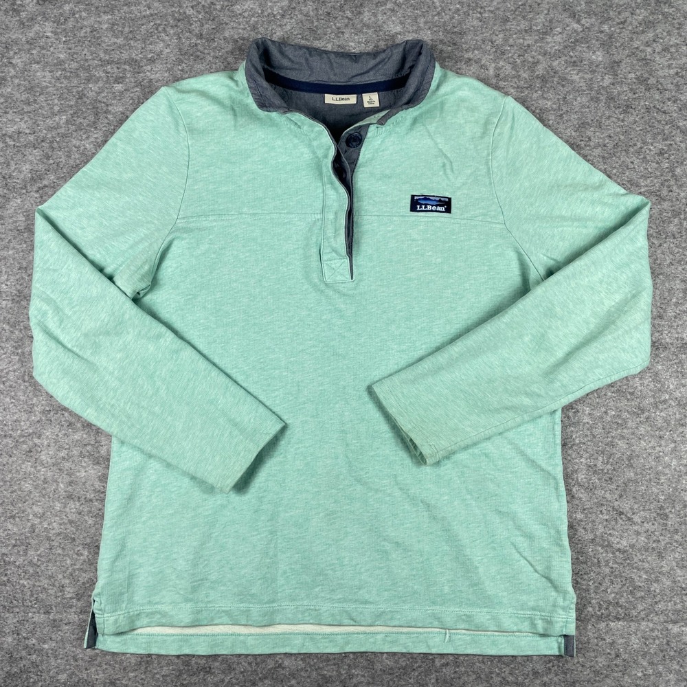 LL Bean Sweatshirt Womens L Green Katahdin Iron Works Pullover Snap Neck